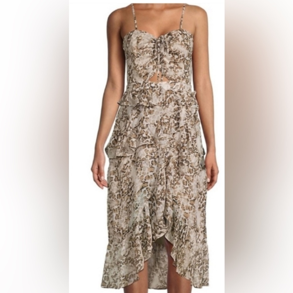 bardot ruffled cut out leopard print dress with front slit